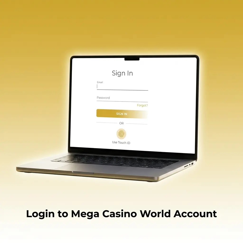 Login page for Mega Casino World account showing balance, bet history and bonus offers access