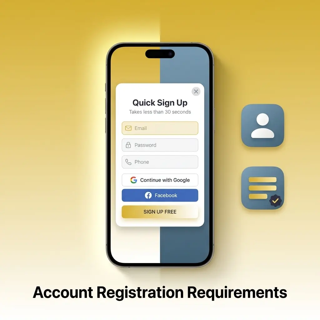 Mega Casino World account registration requirements: age, location, one account per person, valid ID, and terms agreement.