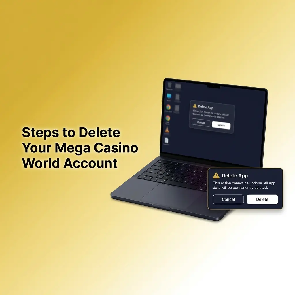 Steps to delete a Mega Casino World account, showing login, account settings, and confirmation process