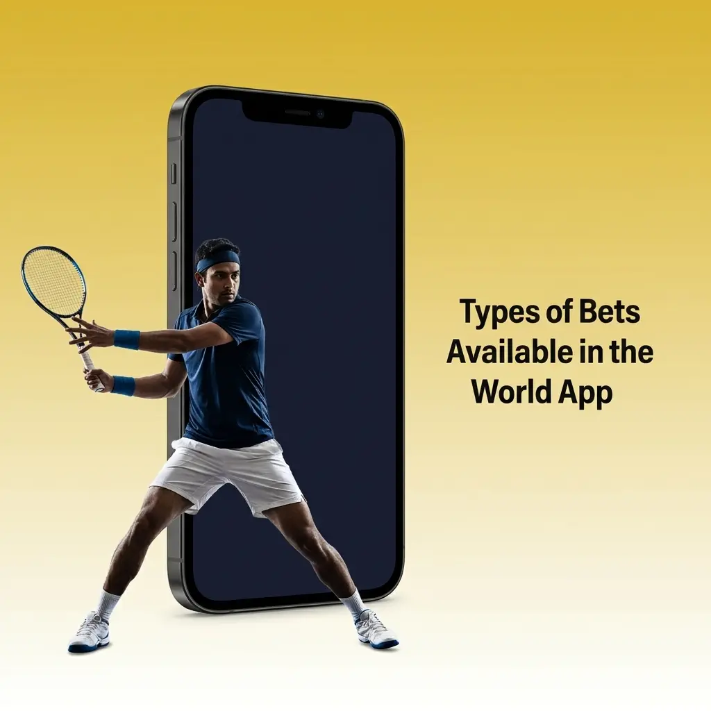 Overview of five bet types in Mega Casino World app: single, accumulator, system, treble, and live betting options.