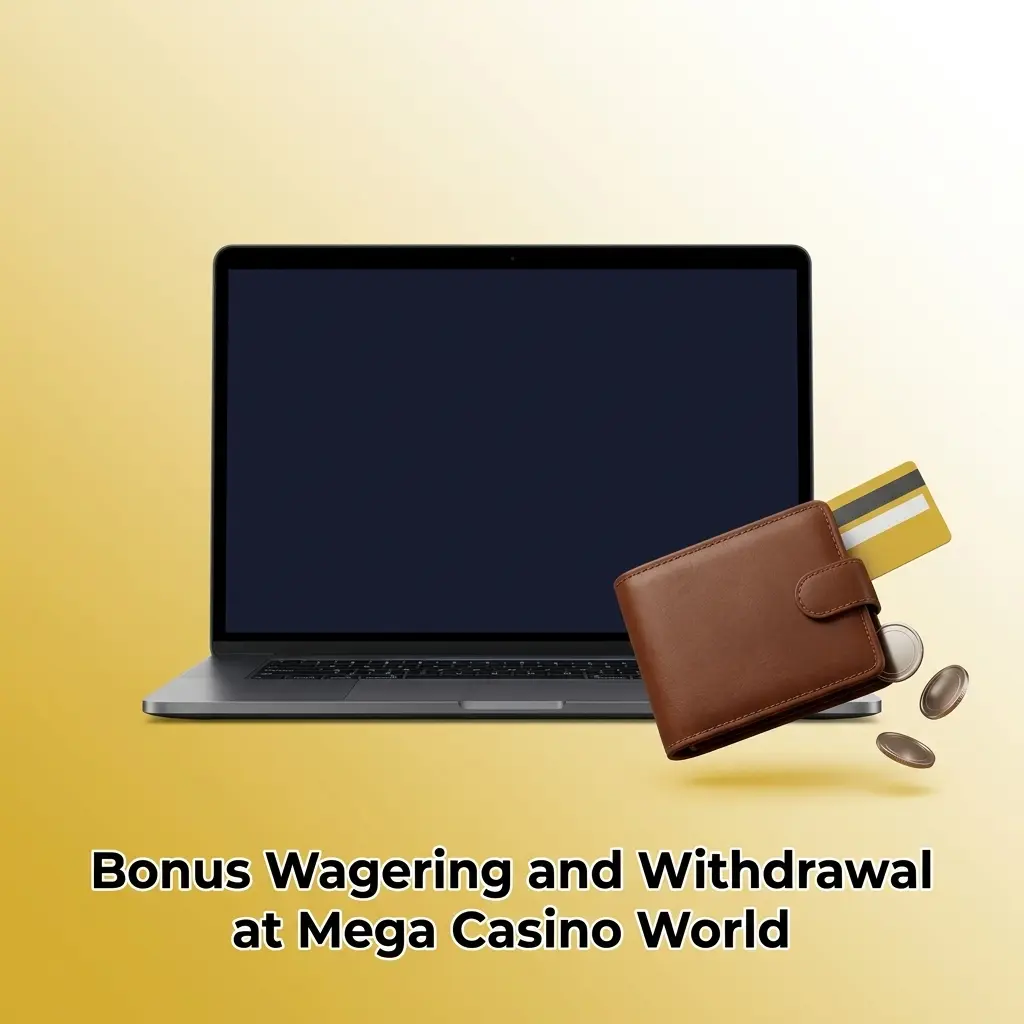 Mega Casino World bonus wagering rules showing 25x requirement, separate bonus account, and withdrawal eligibility conditions